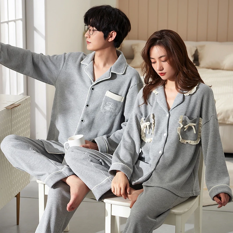 High Quality cotton sleepwear lovers suit 2 pcs Long sleeve home wear leisure pajamas for couple set