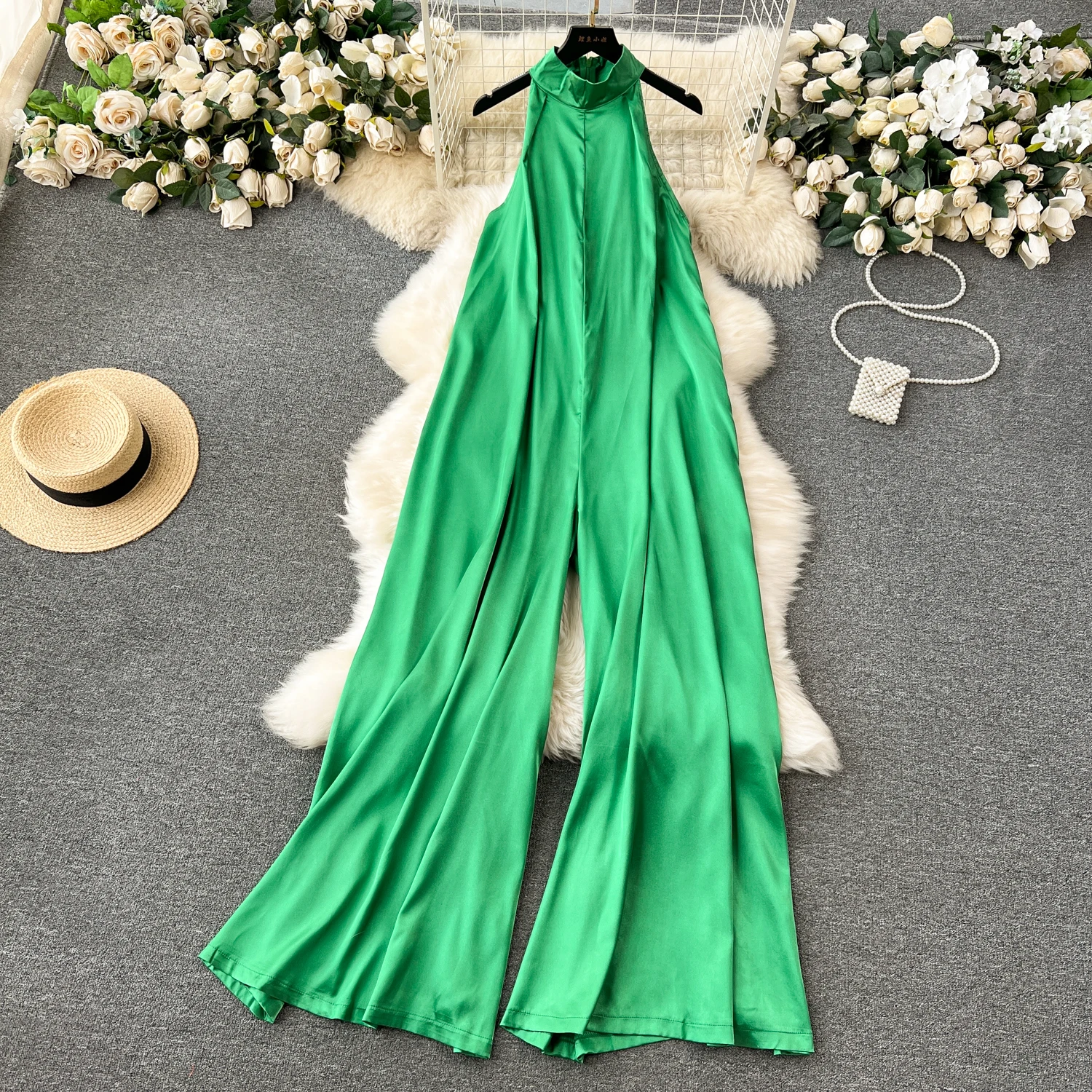 Plus Size Elegant Halter Jumpsuit For Women High Waist Silk Long Jumpsuit Ladies Elegant Overalls Wholesale