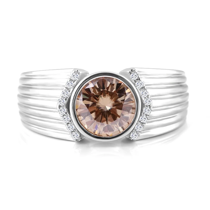 Champagne VVS1 Lab Grown Moissanite Diamond White Gold Man Ring 9mm 3ct Bezel Setting 14K White Gold Plated Silver 925