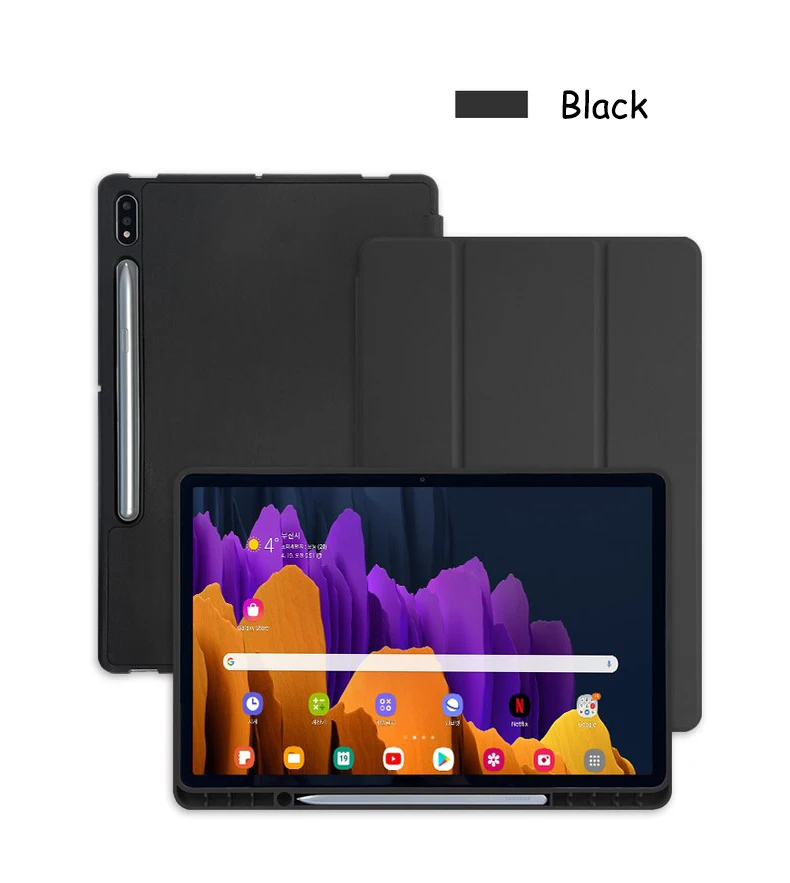 Trifold Smart case PU Leather Soft TPU accept pencil holder for Samsung galaxy tab s7 plus