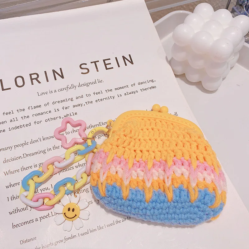Vintage Women Handmade Crochet Coin Purse Rainbow  Gradient Chain Trendy Star Hook Weaving Knitted Wallet Women Small Handbag