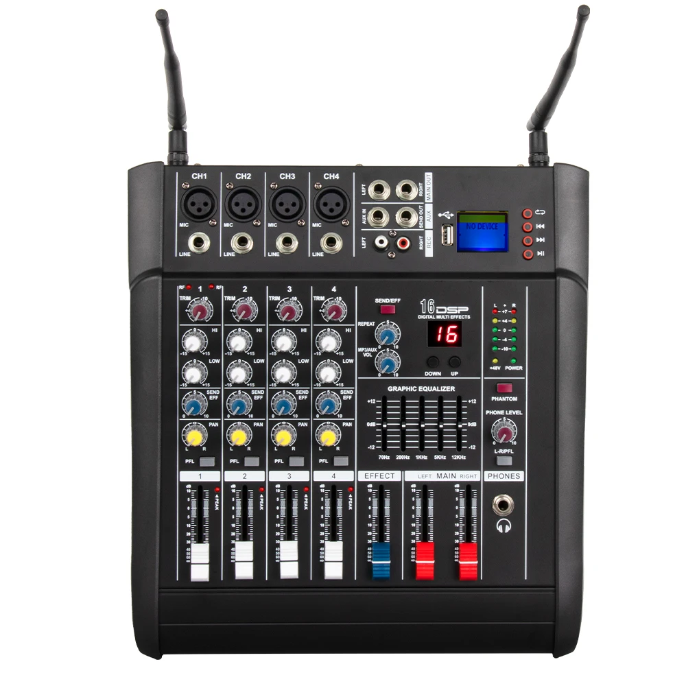 Professional build-in power amplifier 4 way audio mixer with dual wireless microphones 4 channel power powered audio mixer