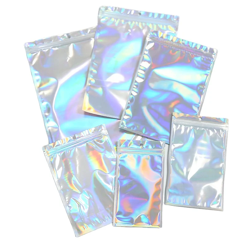 Голографический пакет из фольги плоские пакеты алюминиевой с застежкой-молнией Многоразовые Пакеты водонепроницаемые голографические майлара радужным запахом для хранения