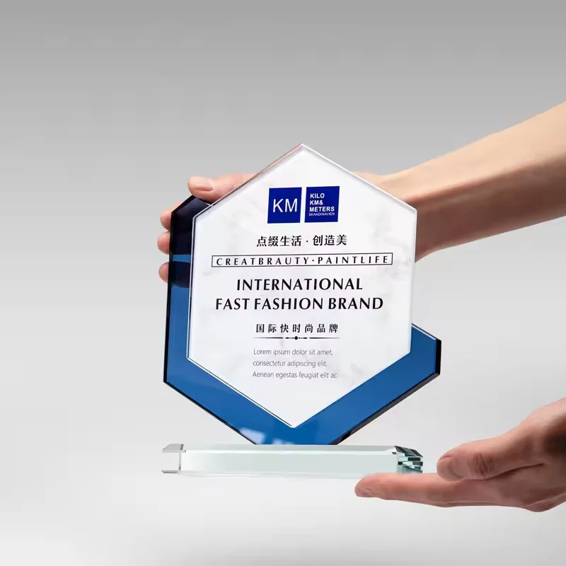 Custom Noble blank sublimation Manufacturer colored Hexagon plaque shield glass Crystal trophy award With Black Base