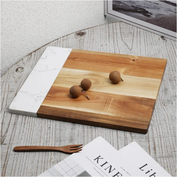 Custom Round Wood and Marble Stone Combination Cutting Board Set Kitchen Food Chopping Blocks Acacia Wooden Serving Cheese Board