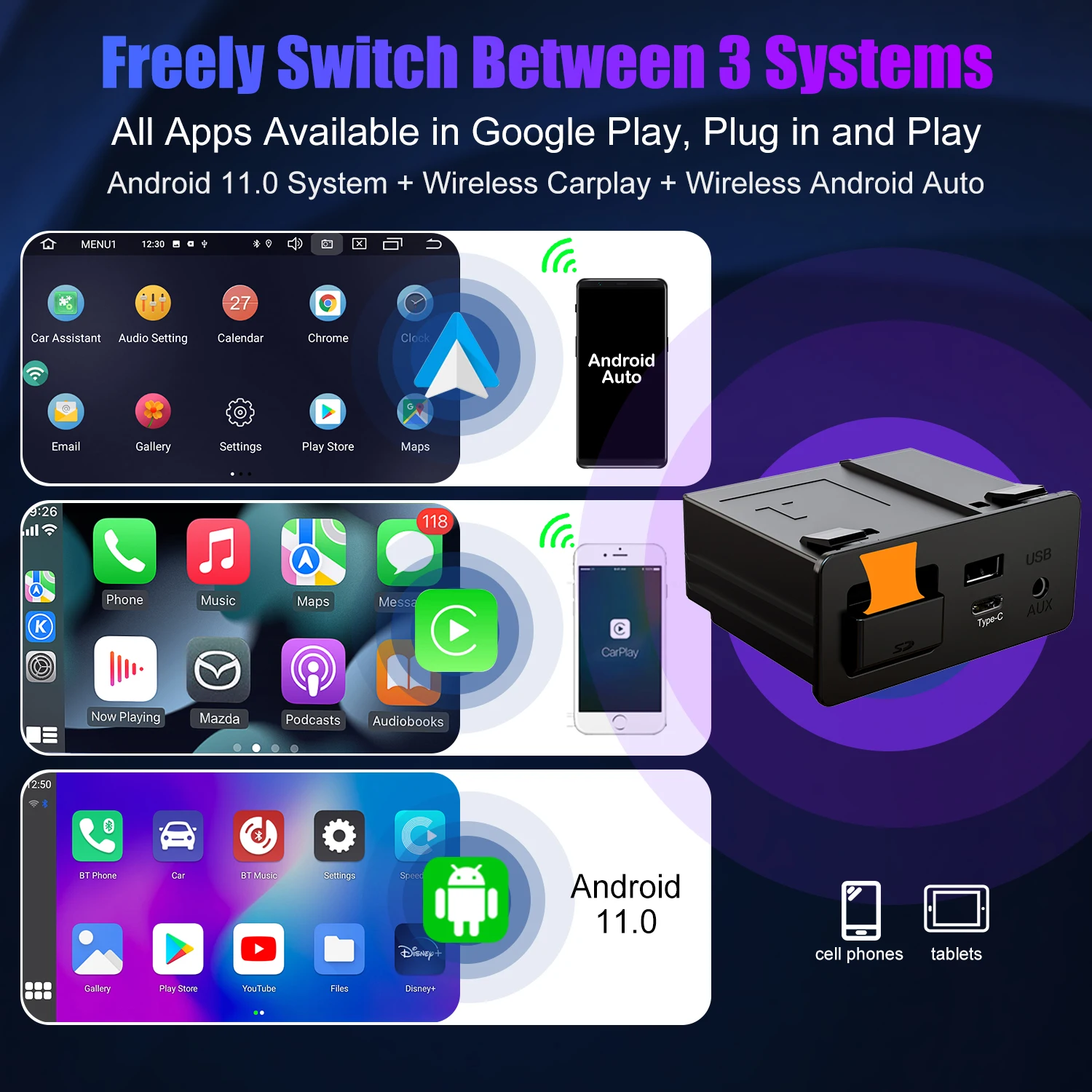Type-C Mazda беспроводной Carplay комплект для модернизации TK78-66-9U0C OEM USB подходит 2014-2020 поддерживает Netflix/YouTube