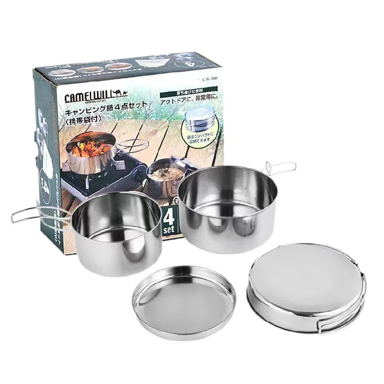 Outdoor Camping Cookware Set 4pcs Potassium Chlorate Free Stainless Steel Portable Folding Handle Pot Set with Baking Sheets