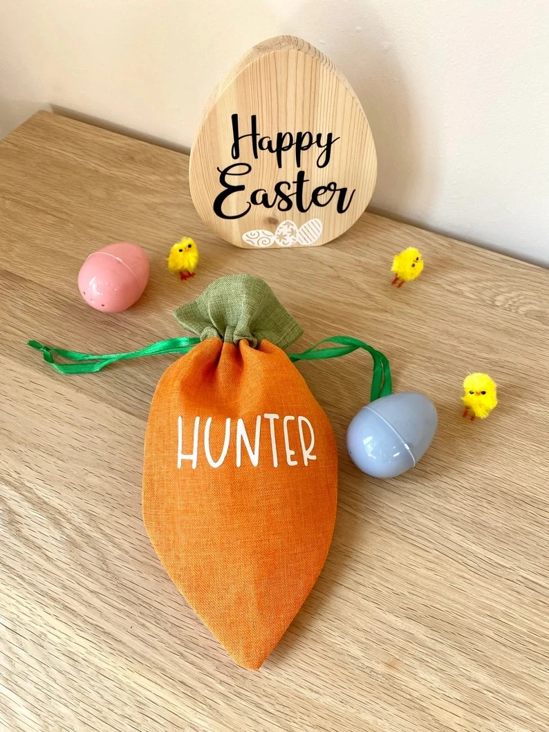 Blank Linen Carrot Easter Personalized Bag Kids Gift Storage Drawstring Vinyl Sublimation Easter Basket Decor Candy Egg Gift Bag
