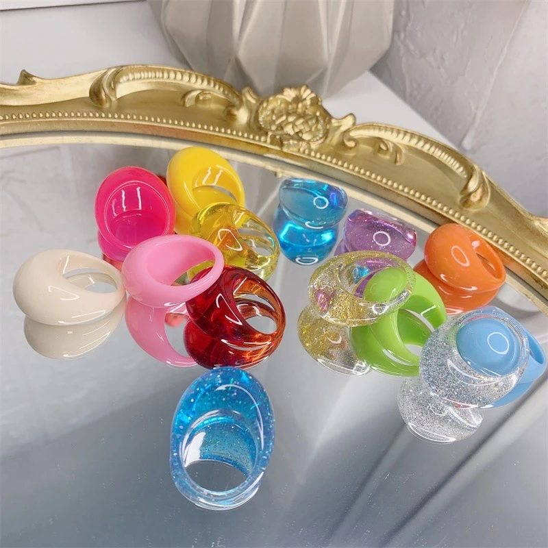 
New resin glitter color ring lovely sweet jelly oval geometry ring 