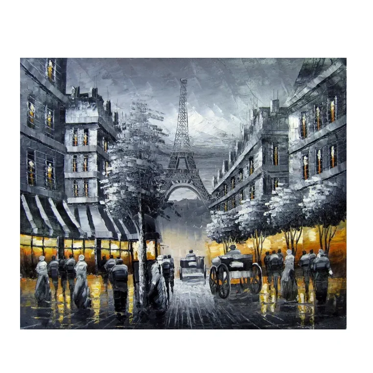 100% Real Hand Painted Paris Eiffel Tower Street Oil Painting on the Canvas by Professional Artist for Home Wall Art Decor