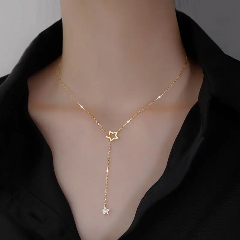 Flash Diamond Star Necklace Niche Hollow Design Sense Necklace Female Tassel Clavicle Chain Female Models Simple Temperament
