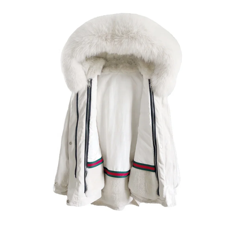 Wholesale Warm Winter Fox Fur Hood Parka Woman Black Parka With Real Rex Rabbit Fur Lined