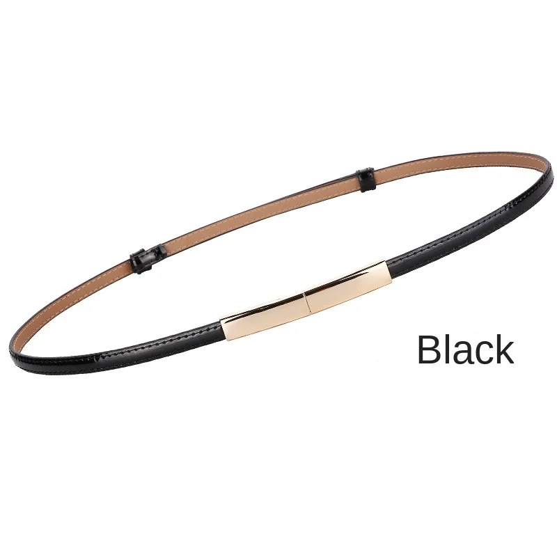 Wholesale Korean style pure color genuine leather  Women Belt Thin Skinny Metal Gold Elastic Buckle Waistband  Waist Belt