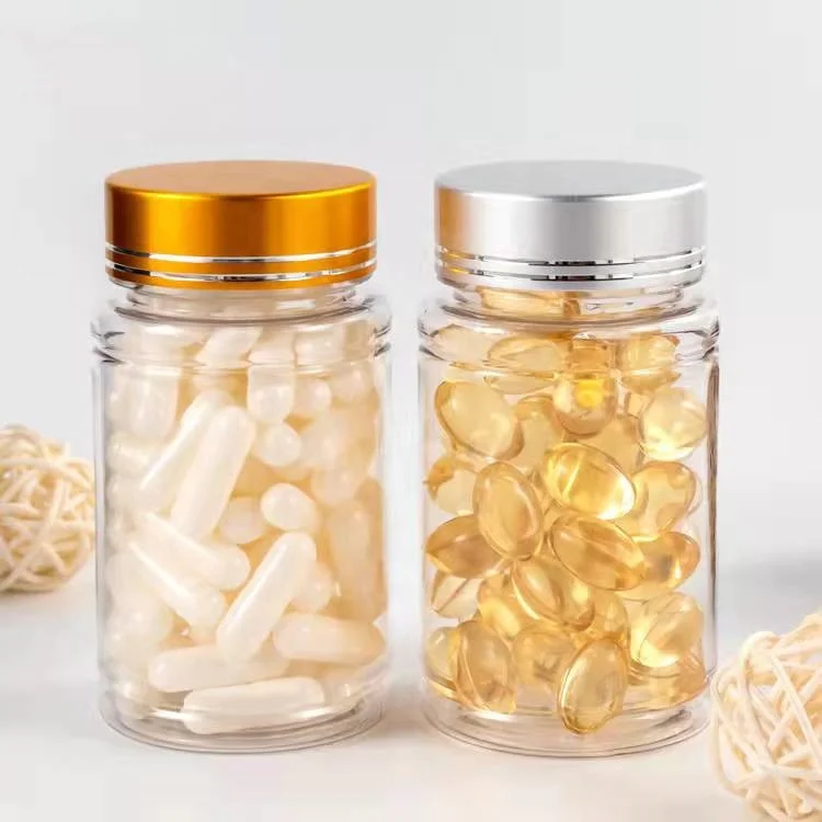 100ml clear PET pill bottle with metal lids for jars  80cc 100cc 120cc 200cc 250cc  matte black plastic capsule bottles