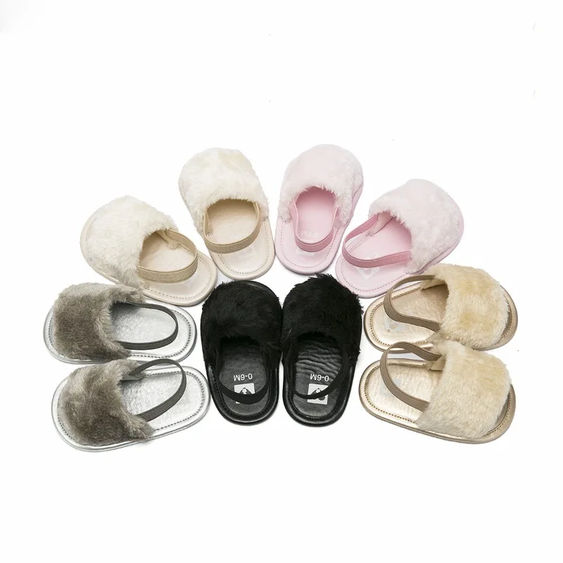 Wholesale Infant Fur Sandals Summer Girl Fancy Cute Baby Furry Slippers Solid Color Newborn Prewalker