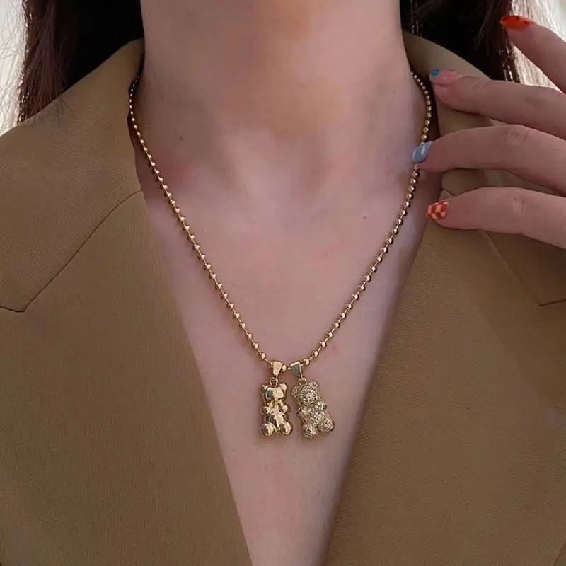Design Full Diamond Teddy Bear Gold Plated Round Bead Long Chain Sweet Pendant Necklace