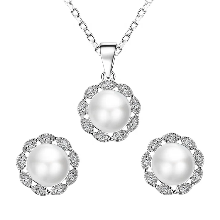 Rhodium Plated 925 Sterling Silver Jewelry Set 8MM Pearl Necklace and Stud Earrings with Cubic Zircon for Women Daily Wear
