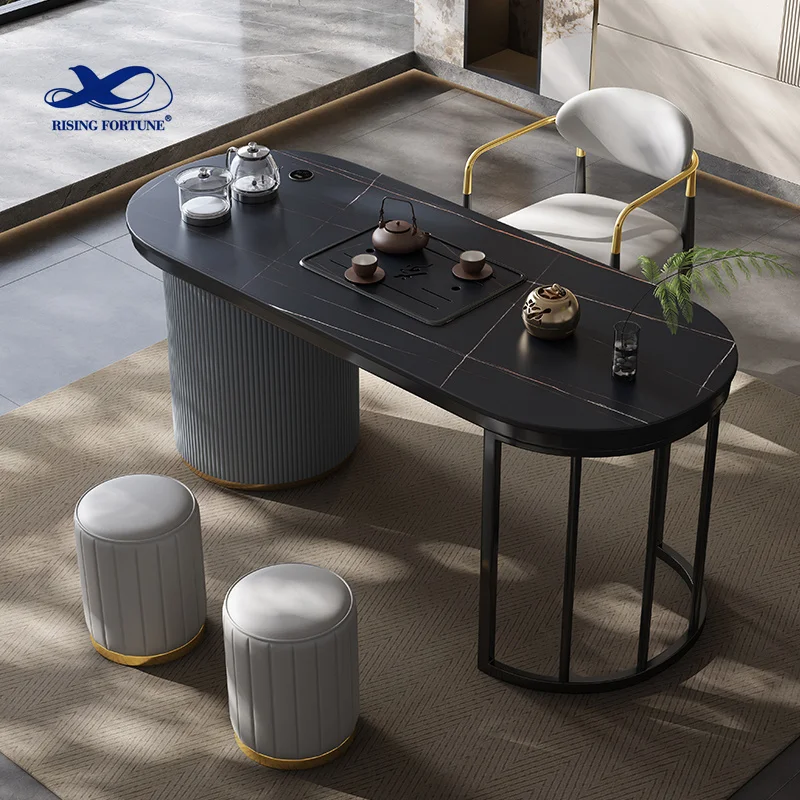 Modern Black Cocktail Table with Gold Geometric Frame Square Faux Marble Center Table Tea Table