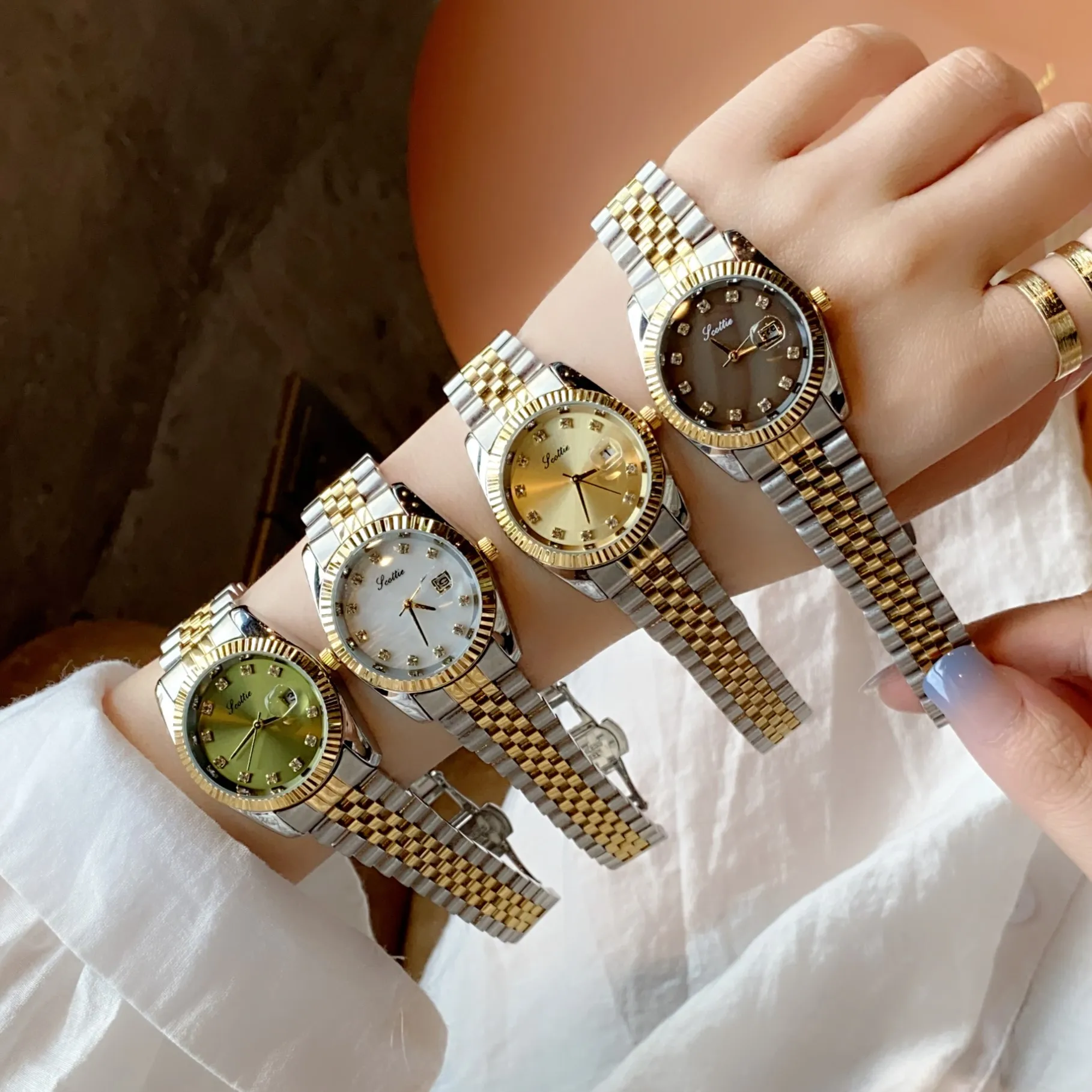 Scottie 9570 brand agents custom ladies quartz watch 2024 steel strap water resistant auto date Concise Luxurious hand watch