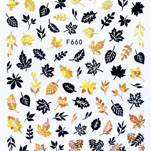 F654-661 с золотистыми листьями; Узор в виде кленового листа Nail Art Наклейки с геометрическим узором каракули золото Новый Дизайн Стикер искусства ногтя