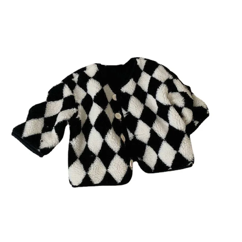 Winter Girls Jacket Kids Thick Coats Black and White Plaid Berber Fleece Faux Fur Outwear Kids Coat Warm Baby Outfits