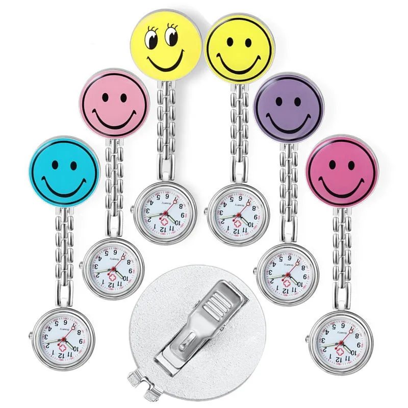 10 colors In Stock Pocket Watch Portable Smile Face Digital Clip-On Metal Breast Watch for Nurse