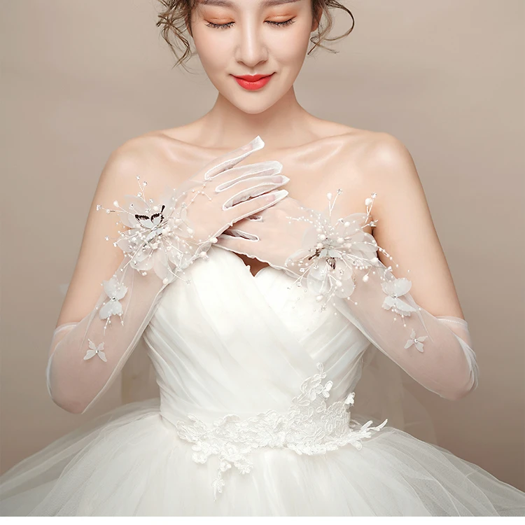 Feishiluo Luxury 3D Diamond Bead Bridal Gloves Wedding Party  Long Flower Bow Lace Gloves