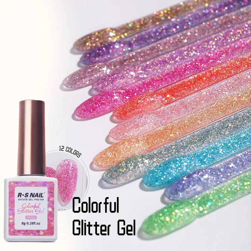 High Quality R S  Nail Elegant Nail Beauty Supplies 8g Colorful Glitter Gel 12 Colors Three Step Nail Gel DIY Art Uv Gel Polish