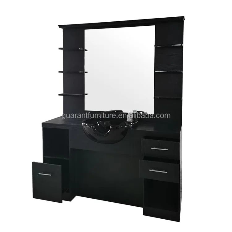 Black plywood barber station mirror barber station with ceramic sink washing barber table