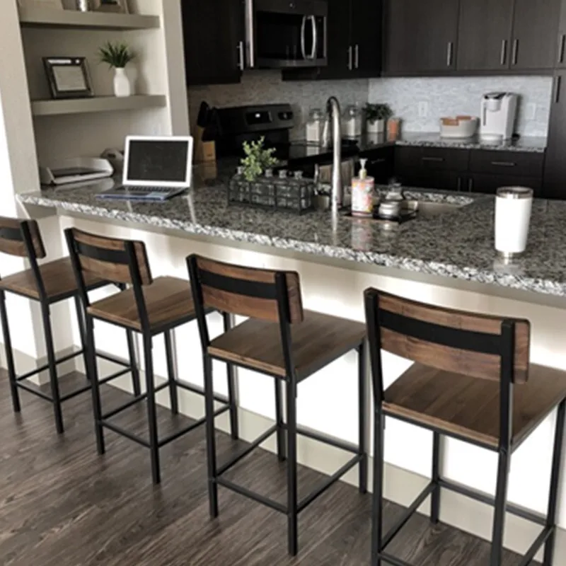 Factory Supply Metal Frame Kitchen Bar Chair Walnut Color Wooden Bar Height Stool With Backrest