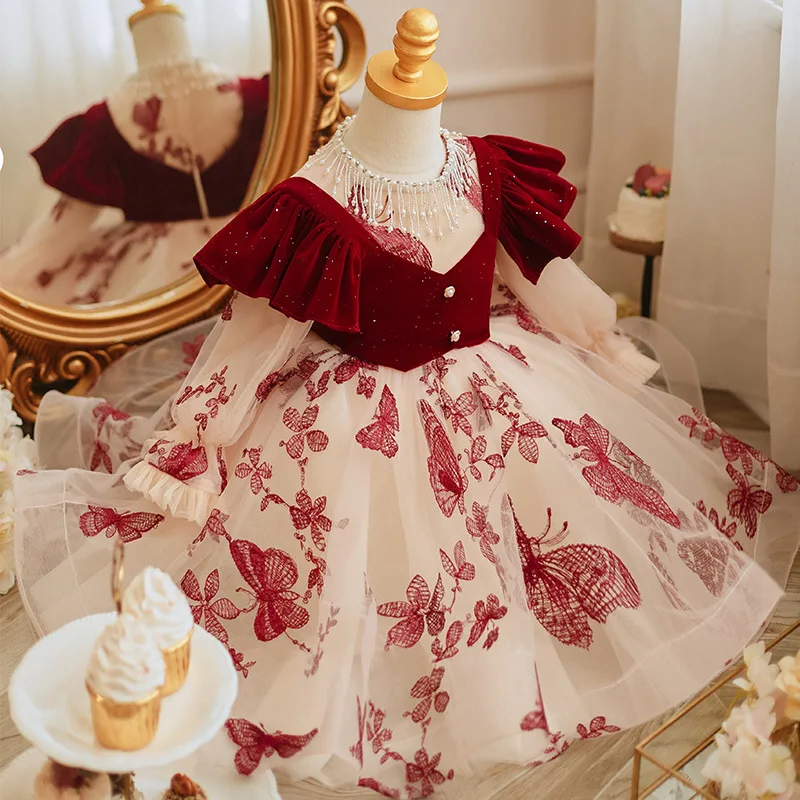 fly Sleeve Princess Evening Dresses Kids red flower Clothes Dress Baby Girls Birthday Wedding ball Gown tutu Dresses