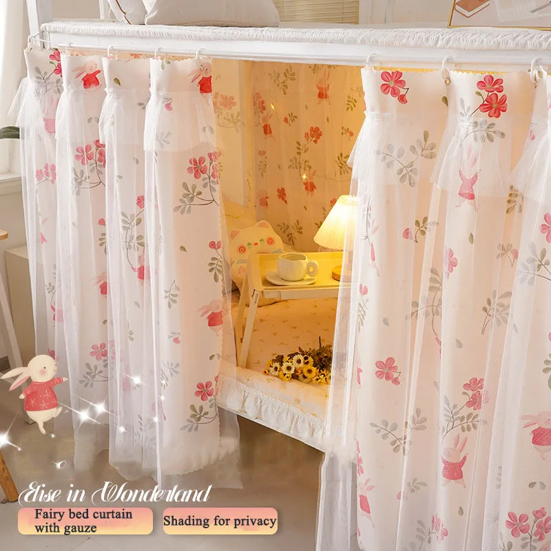 High quality princess style cartoon flower printing gauze bed curtains high shading single door upper down bed dust bedspread
