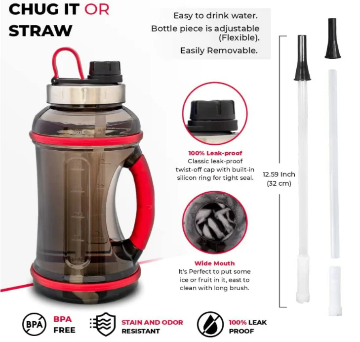 Half Gallon 2.2L Water Bottle with Sleeve and Straw lid BPA Free Large Water Bottle 74oz Sports Motivational Jug with Handle