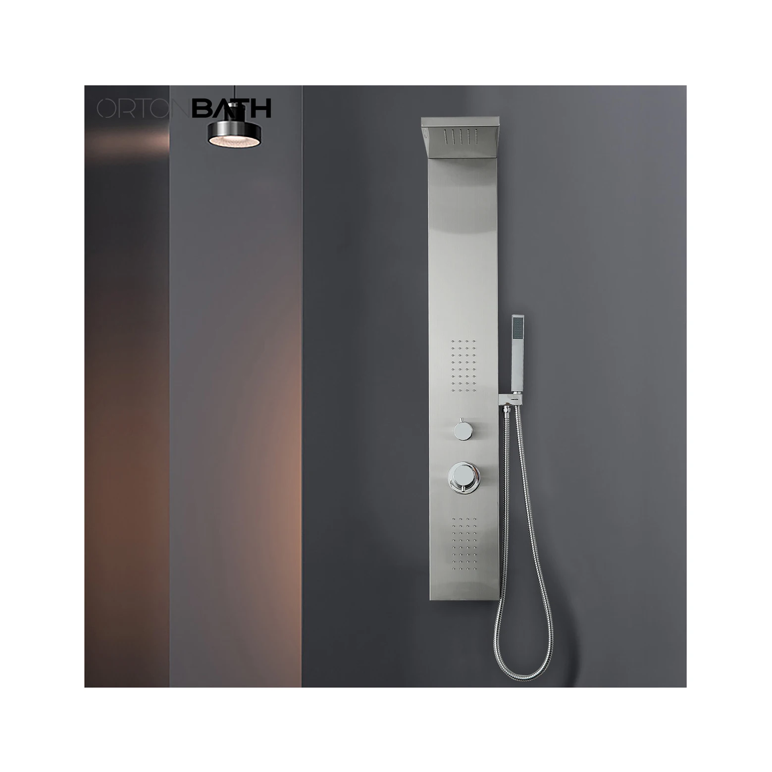ORTONBATH ShowerSpa Panel with Rain Shower head, 2 Body Spray Jets and Hand Shower, Brushed Stainless Steel Nickel Fixtures