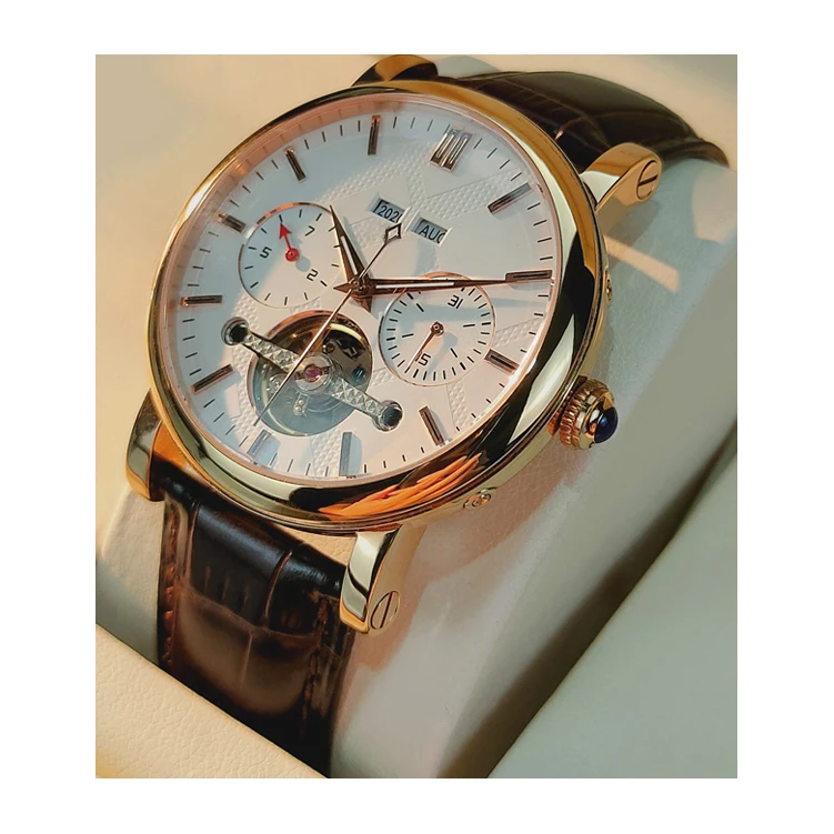 Мужские механические часы с календарем, ремешком из натуральной кожи