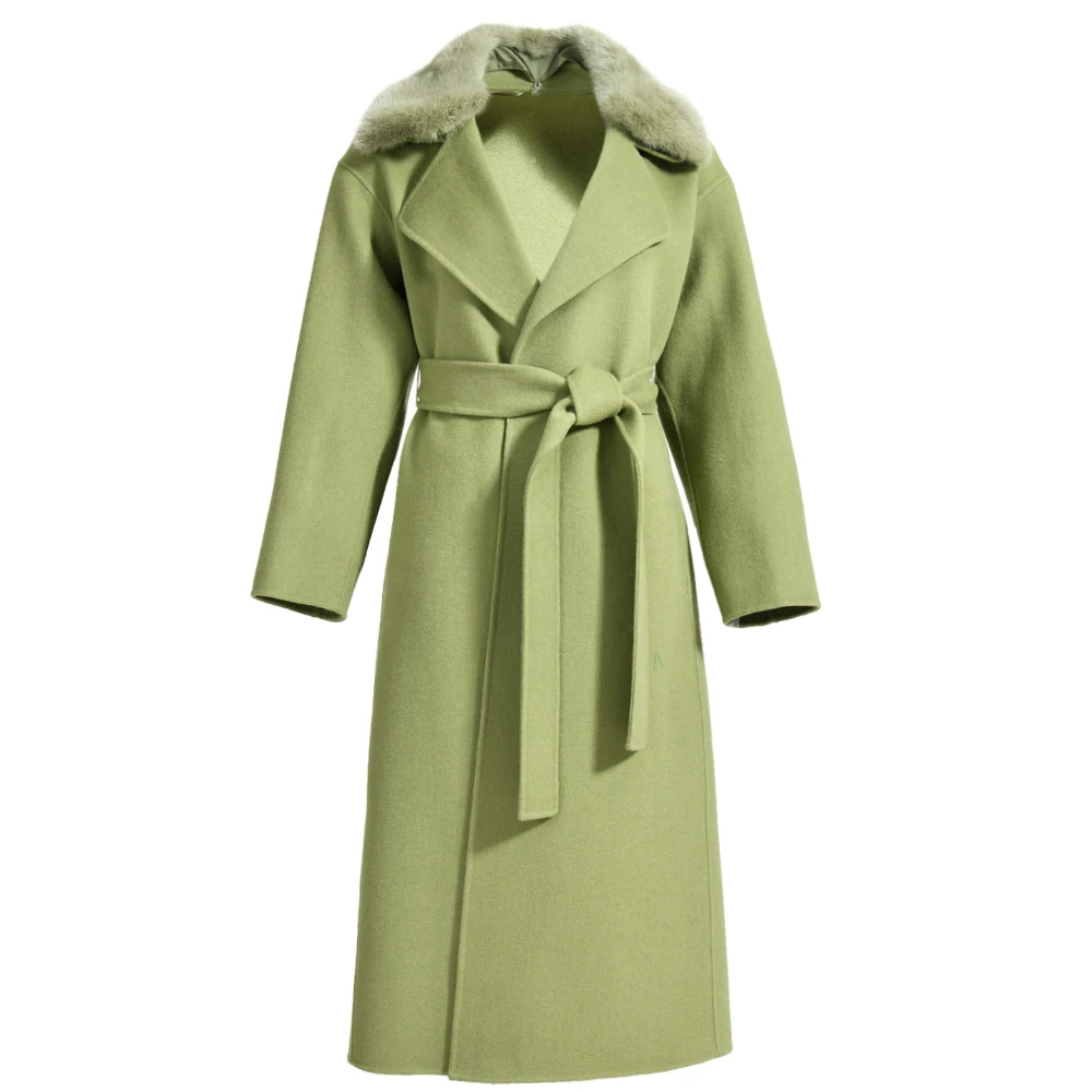 Hot Sale High Quality Warm Thick Cashmere Coat With Real Mink Fur Collar Wholesale Winter Long Wool Coat Women