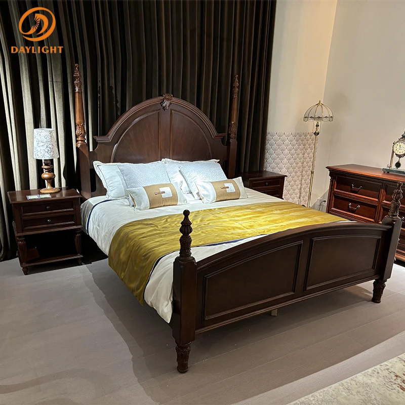 Bedroom Solid Wooden Design Furniture European Luxury Wood Vintage Royal Set Apartment High-end Villa Mahogany Classic Hotel Bed