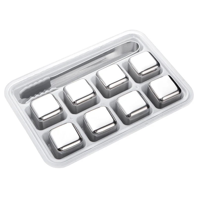 Hot sale chilling reusable metal ice cubes 304 stainless steel whisky wine stones with freezer storage tray