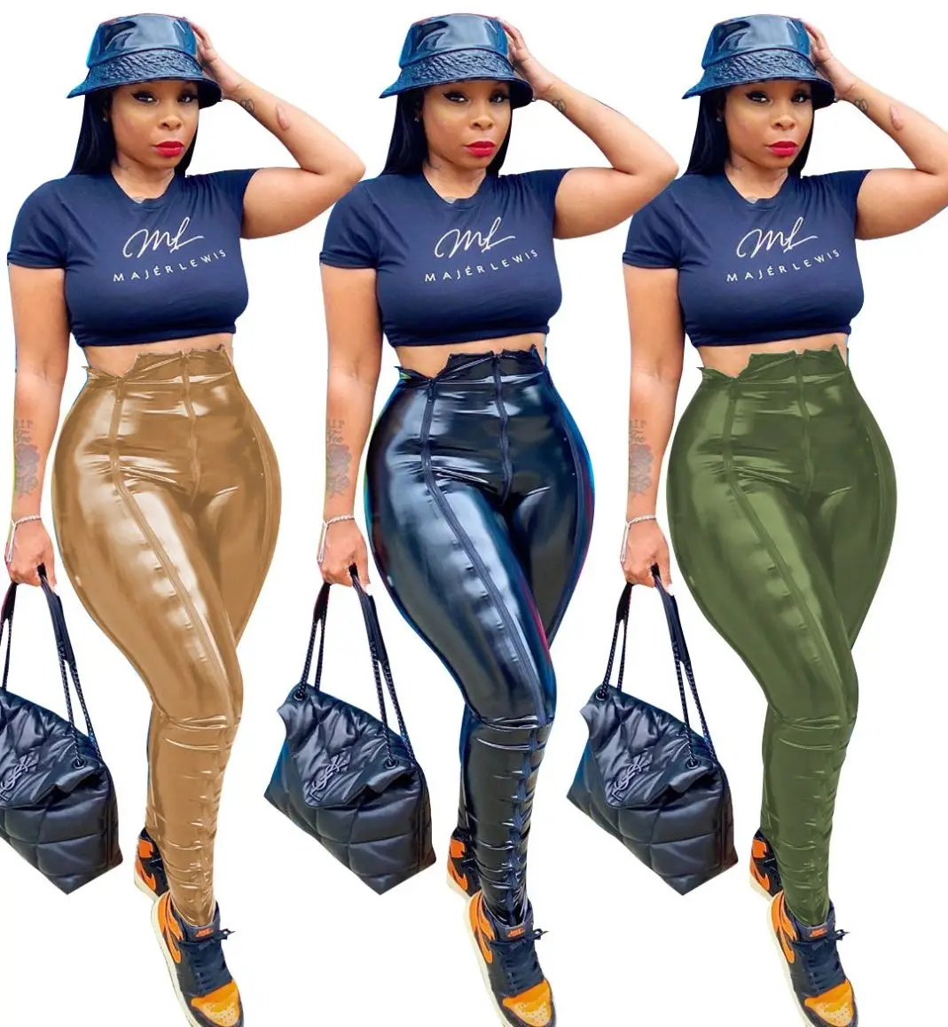 
New Arrival Good Quality Sexy Shiny Pu Black High Waist Zipper Faux Leather Pants Women 