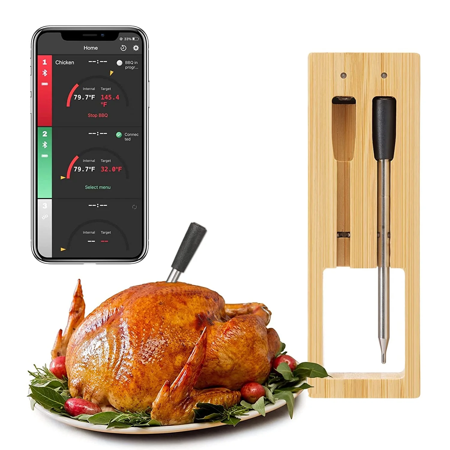 NEW CE FCC ROHS 275ft 70m Long Range Digital Food Remote Smart Wireless Meat Thermometer Wifi for Oven, Grill, Kitchen, BBQ