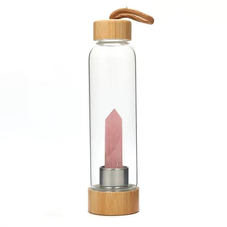 Wholesale High Quality Custom Logo Healing Gemstone Crystal Stone Bamboo Rose Quartz Infused Water Bottle Glass