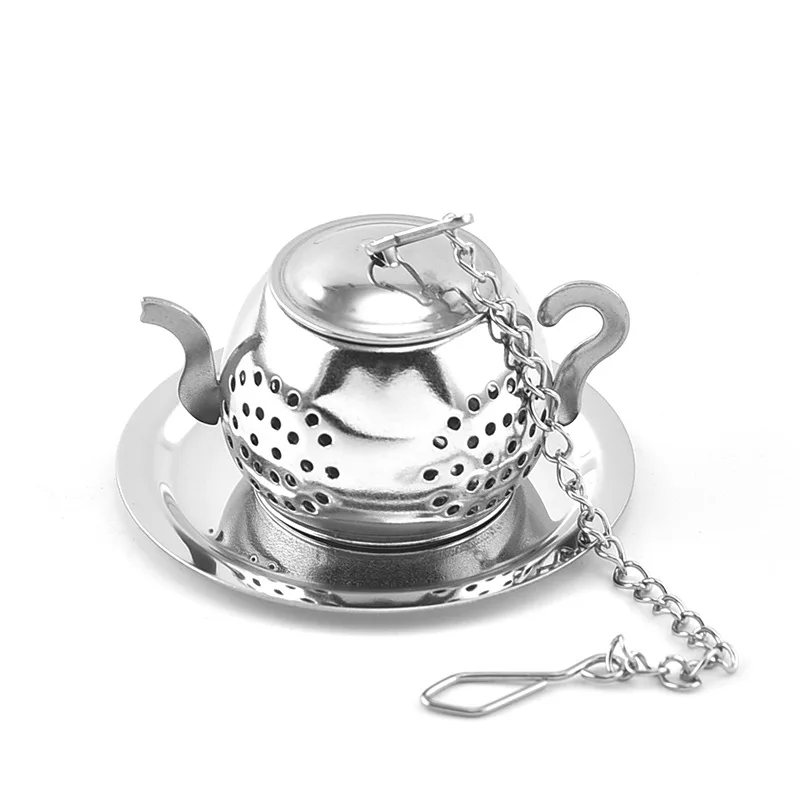 Silver Teapot Premium Tea Interval Diffuser Mesh Tea Ball Strainer With Drip Tray