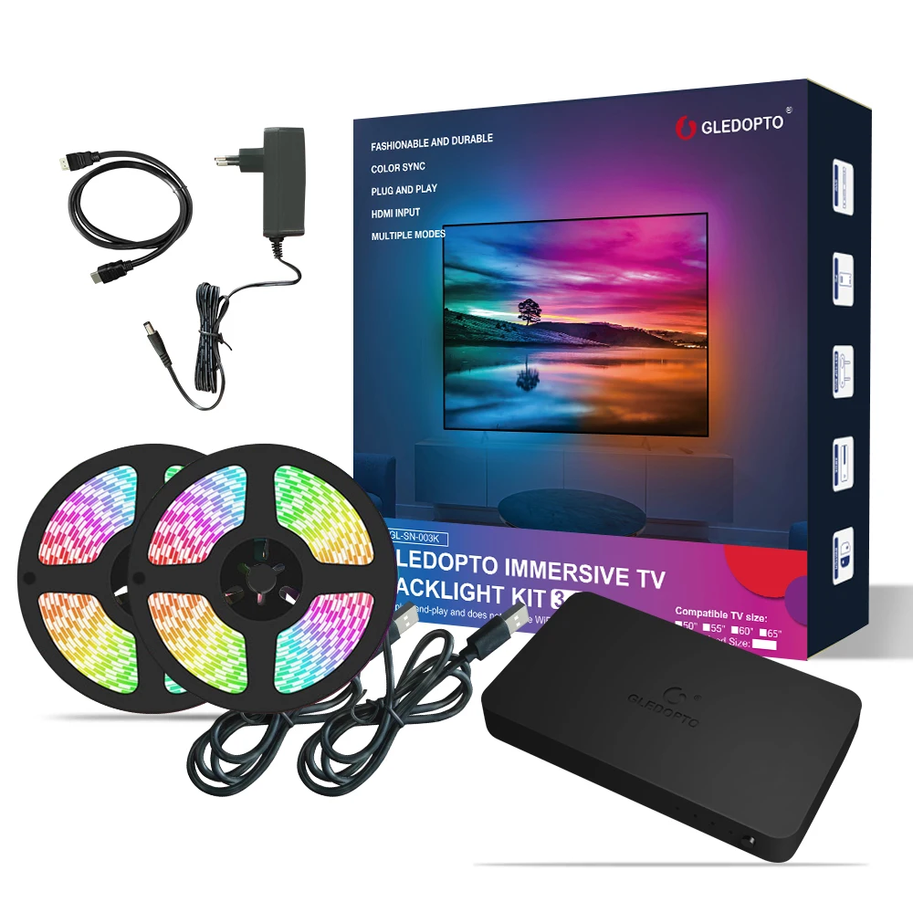 Gledopto Ambient TV backlight kit 3.0 NEW HDMI Sync Box Immersive Full Colors Sync Music mode available for computer TV Switch