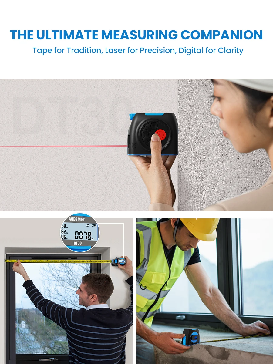 Mileseey Dt30 3 In1 Laser Distance Meter 60m Digital Laser Measuring 5m Tape Measure With Measurement Lcd Display