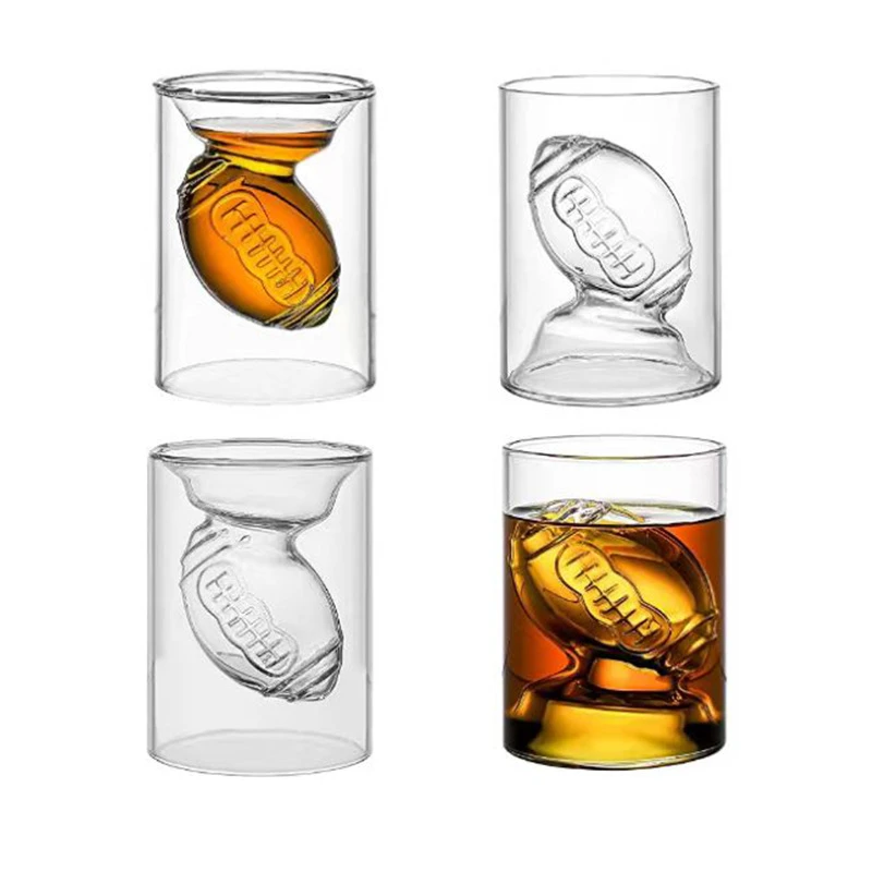 Handmade Clear Borosilicate Drinking Double Wall Glass Tea Cup Rugby Shaped Whisky Liquor Vodka Shot Glass American Football