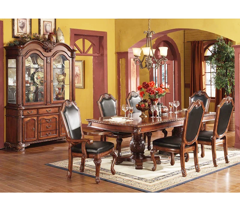 Mzfd завод в европейском стиле деревянный обеденный стол наборы мебели, индивидуальное изготовление мебели, коричневого цвета, с длинными 6 Местный Стол и кожаными стульями