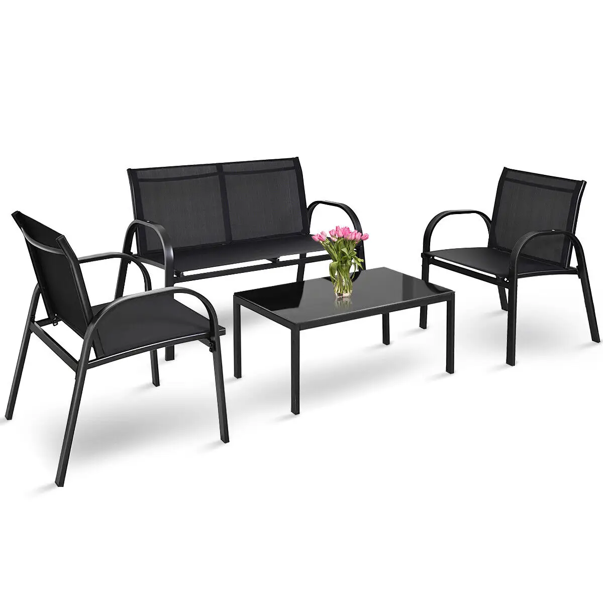 High quality square black luxury patio furniture set with superior glass tabletop