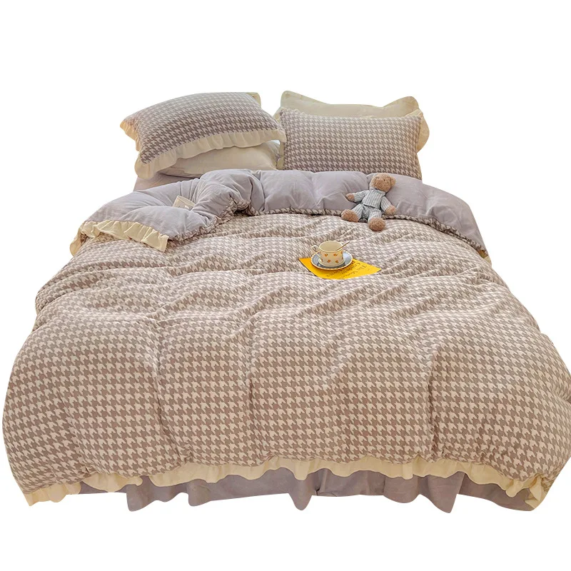 Thickened warmth autumn and winter double-sided bedding set fleece coral flannel duvet cover four-piece bed linen cover
