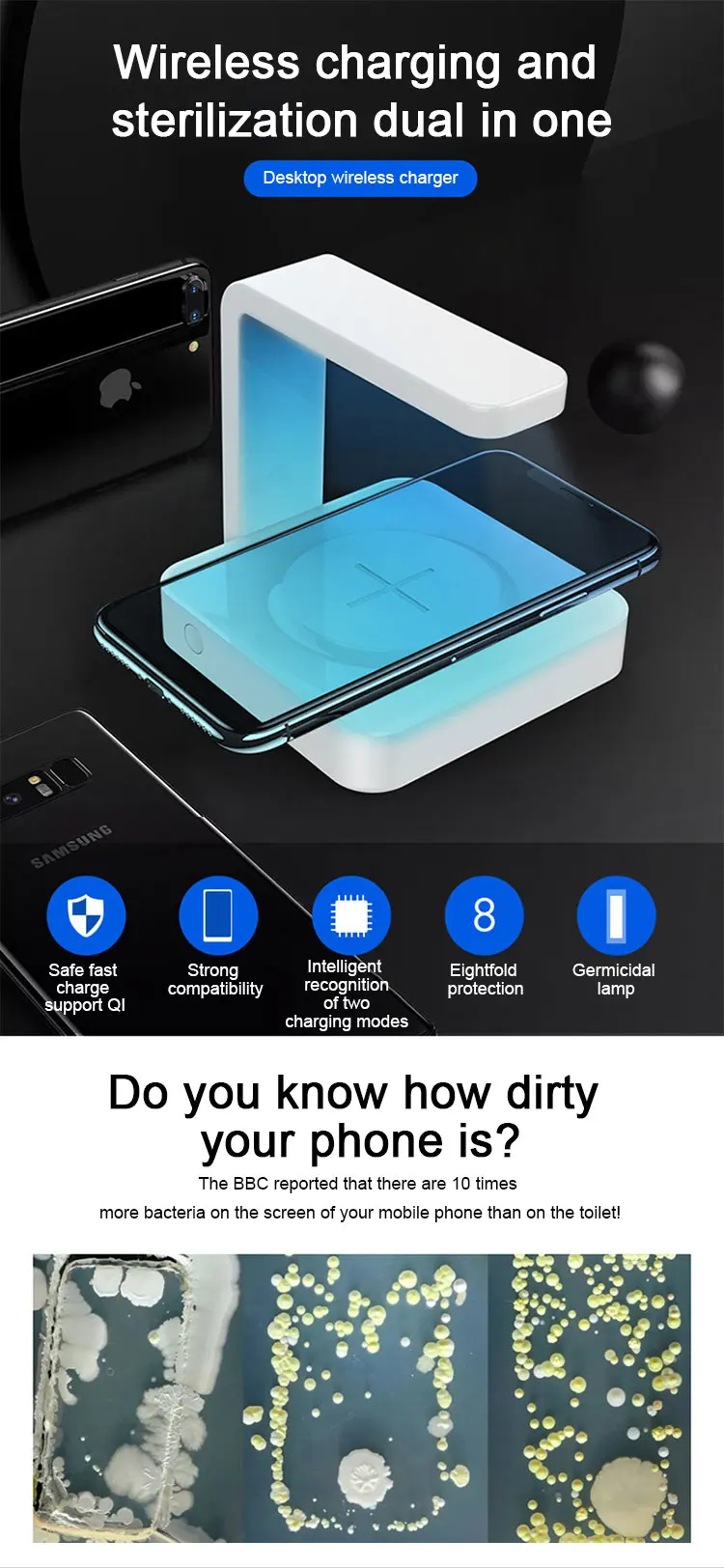 Wholesale USB Portable Mutifunction Charger with UV Lamp 10w Wireless Iphone Fast Charging