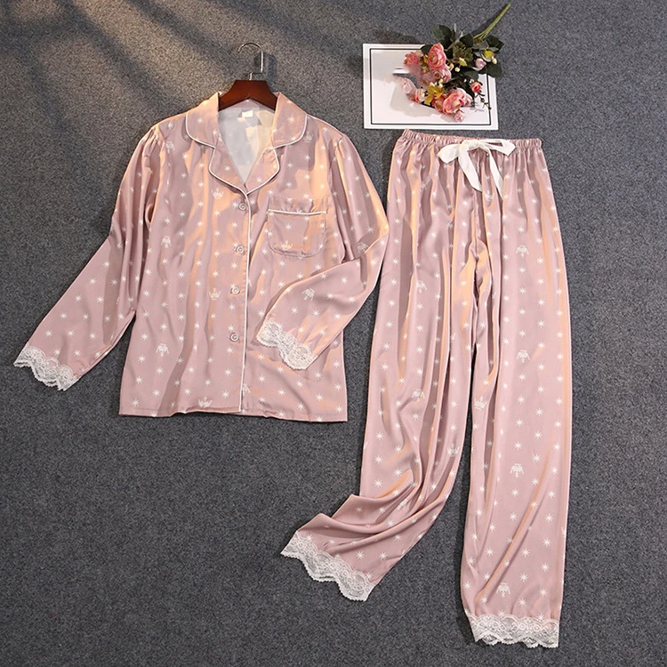 Manufacturer ladies printed sleepwear set satin silk pyjamas